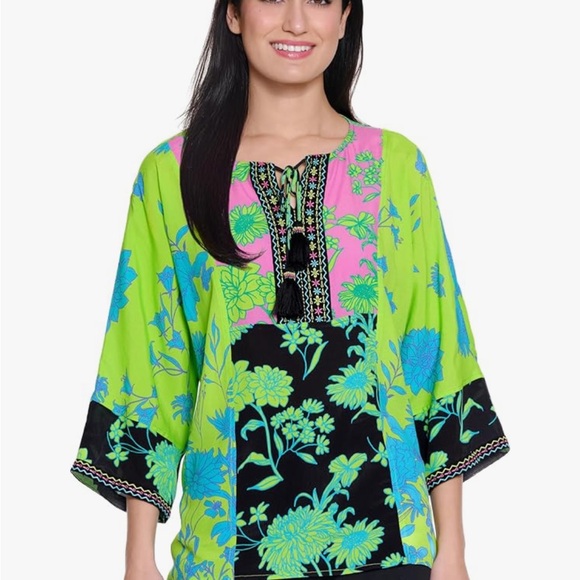 John Mark Embroidered Boho Top Women 2X Tassel Floral Multicolor Kimono Sleeve - Picture 15 of 15